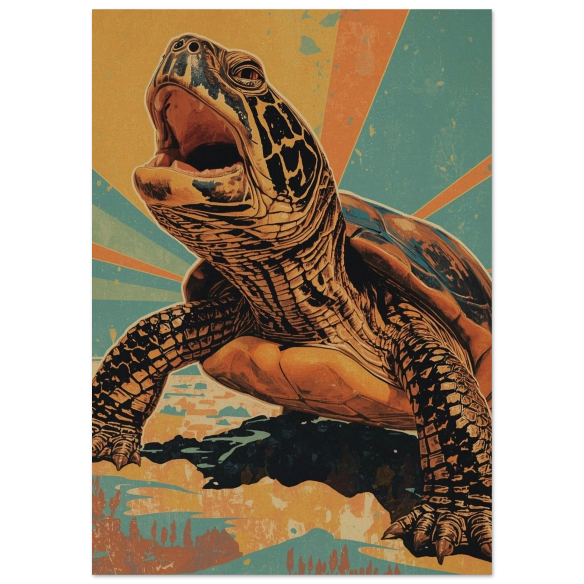 Detaljerad poster med en sköldpadda i dynamiskt perspektiv och pop art-känsla