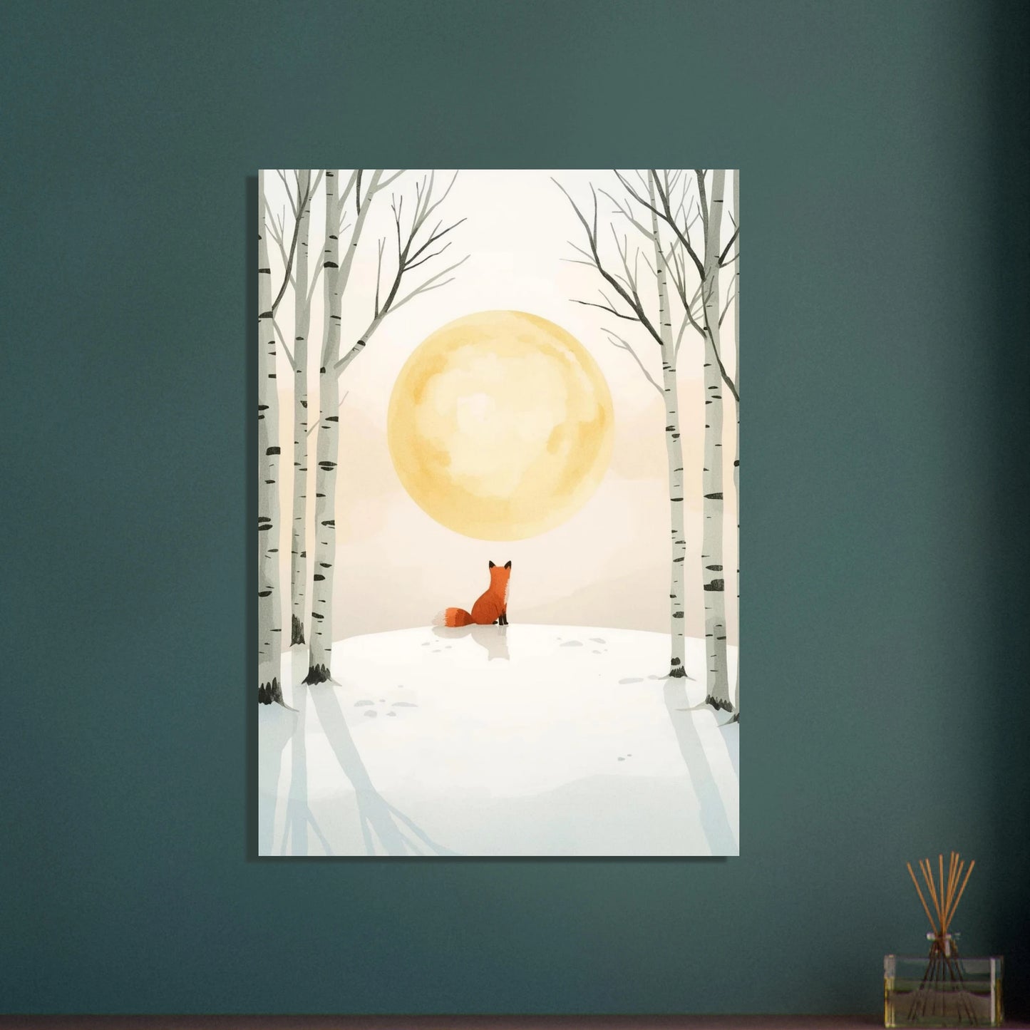 Räv i snöigt landskap under stor måne, akvarellillustration