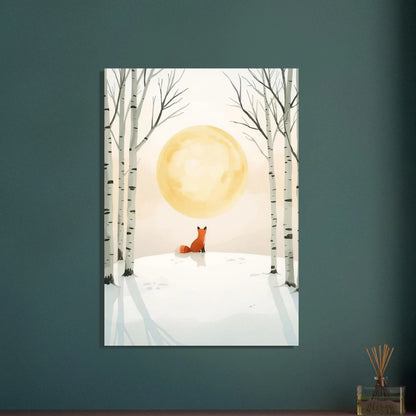 Räv i snöigt landskap under stor måne, akvarellillustration