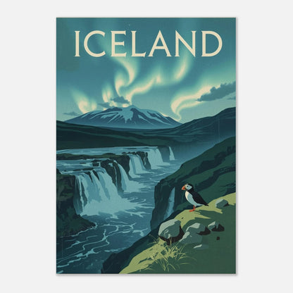 Retroinspirerad tavla med lunnefågel och texten Iceland i dova naturfärger