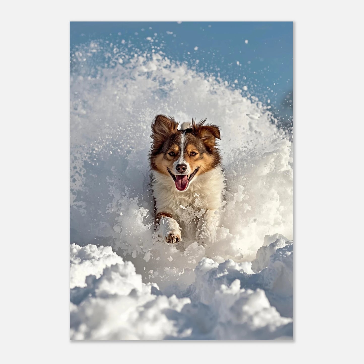 Vintermotiv med en lycklig hund som hoppar i snön – väggkonst