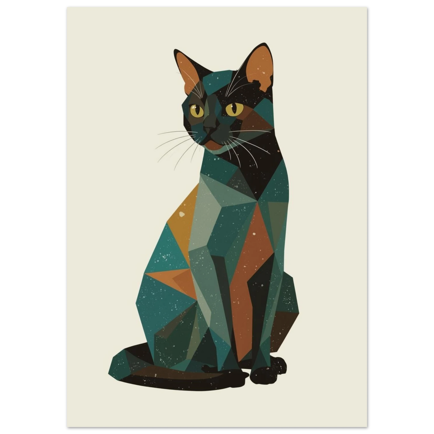 Sittande katt i modern grafisk stil med kantiga färgblock