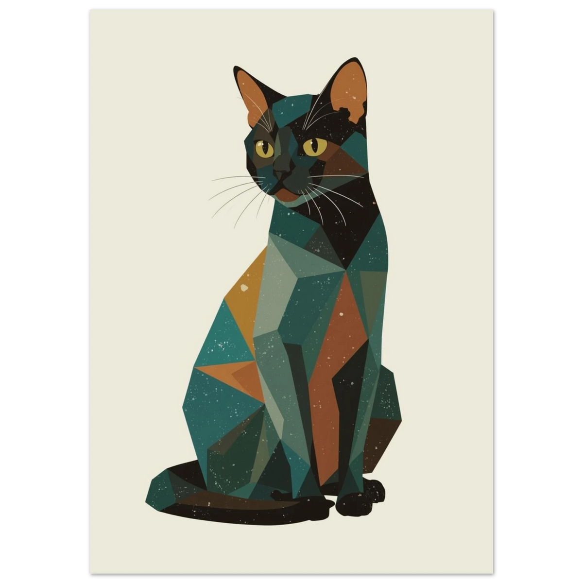 Sittande katt i modern grafisk stil med kantiga färgblock