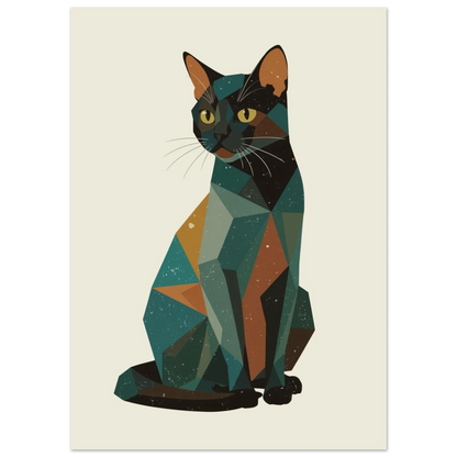 Sittande katt i modern grafisk stil med kantiga färgblock