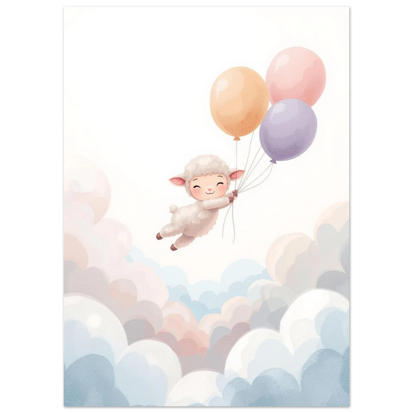 Sött lamm som flyger bland fluffiga moln i en drömsk akvarellillustration