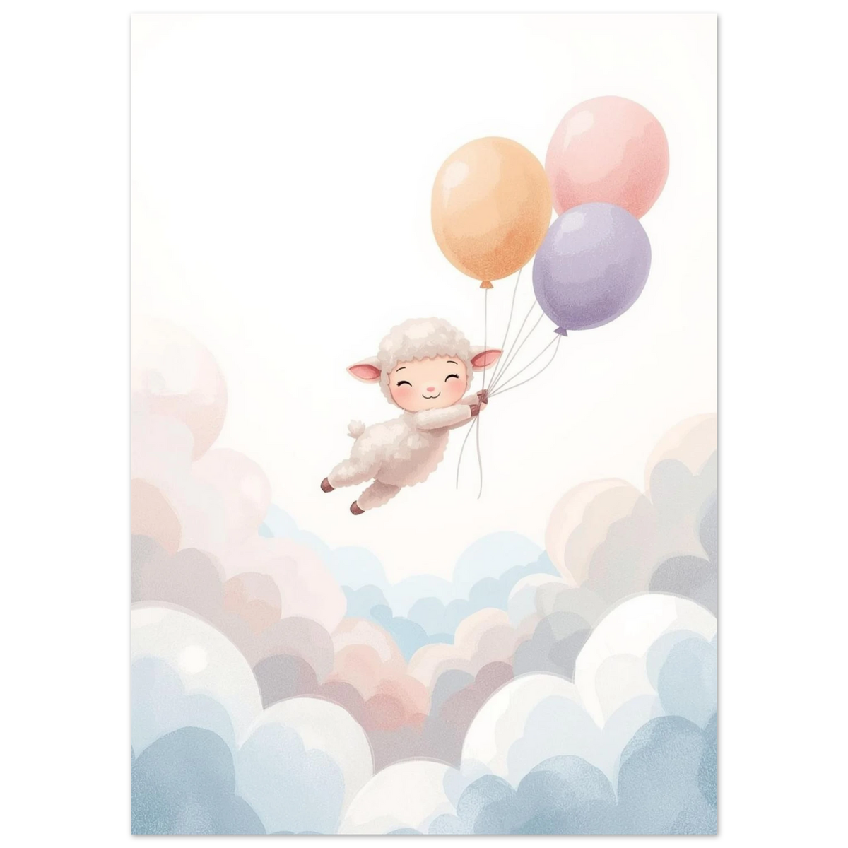 Sött lamm som flyger bland fluffiga moln i en drömsk akvarellillustration