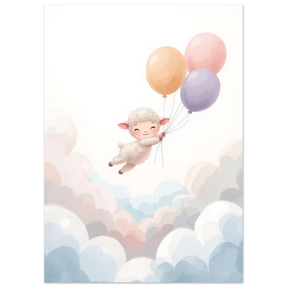 Sött lamm som flyger bland fluffiga moln i en drömsk akvarellillustration