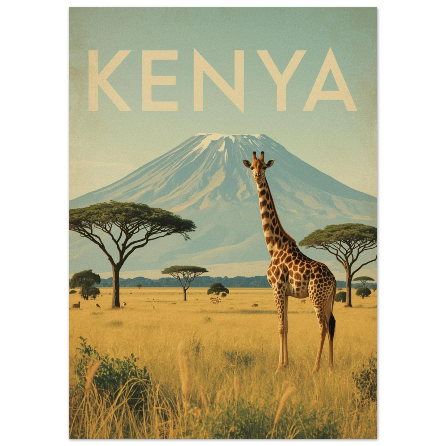 Ståtlig giraff i afrikanskt landskap med berg – retro djurposter