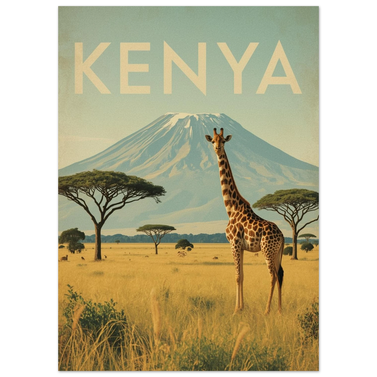 Ståtlig giraff i afrikanskt landskap med berg – retro djurposter