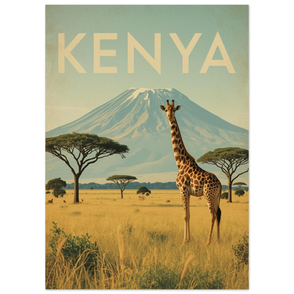 Ståtlig giraff i afrikanskt landskap med berg – retro djurposter
