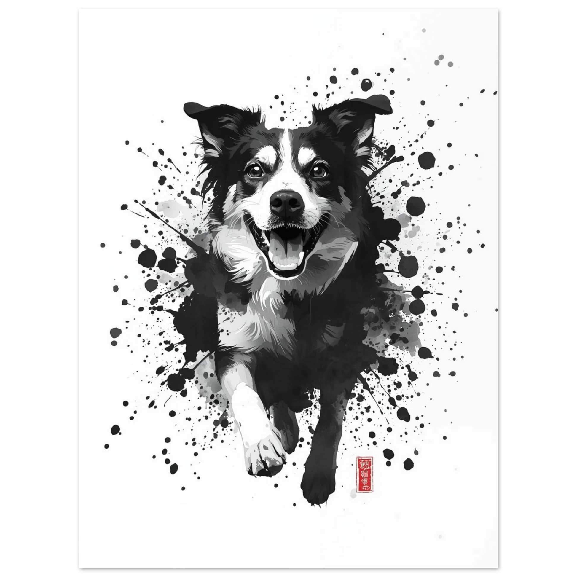 Glad hund i rörelse med dynamiska penseldrag i svart och vitt – målad poster