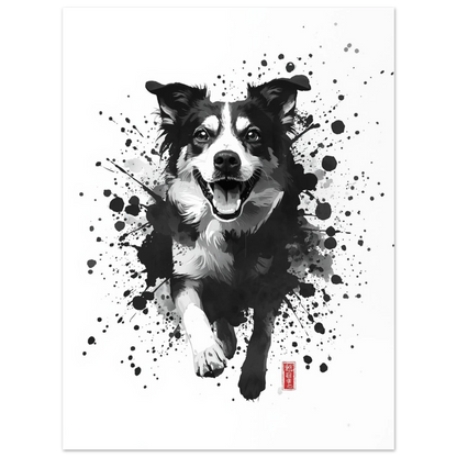 Glad hund i rörelse med dynamiska penseldrag i svart och vitt – målad poster