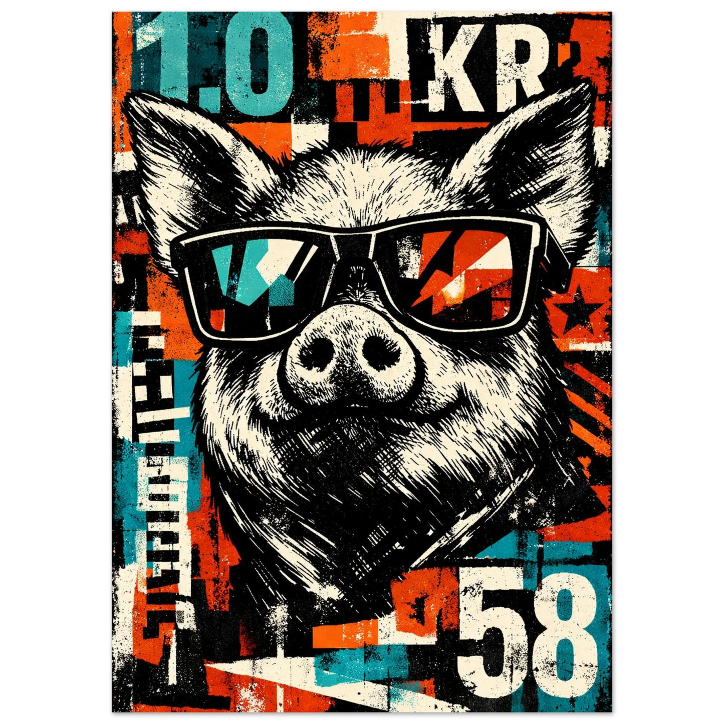 Närbild på grafiskt grismotiv med industriella färger – Retro poster