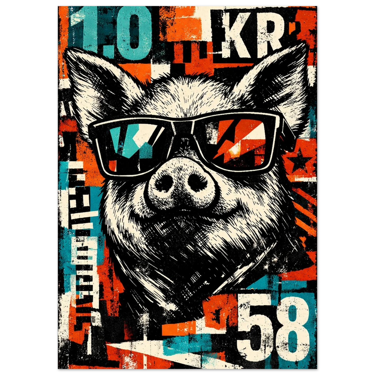 Närbild på grafiskt grismotiv med industriella färger – Retro poster