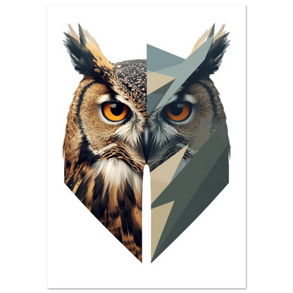 Uggla delad i naturtrogen och geometrisk halva – Tecknad poster