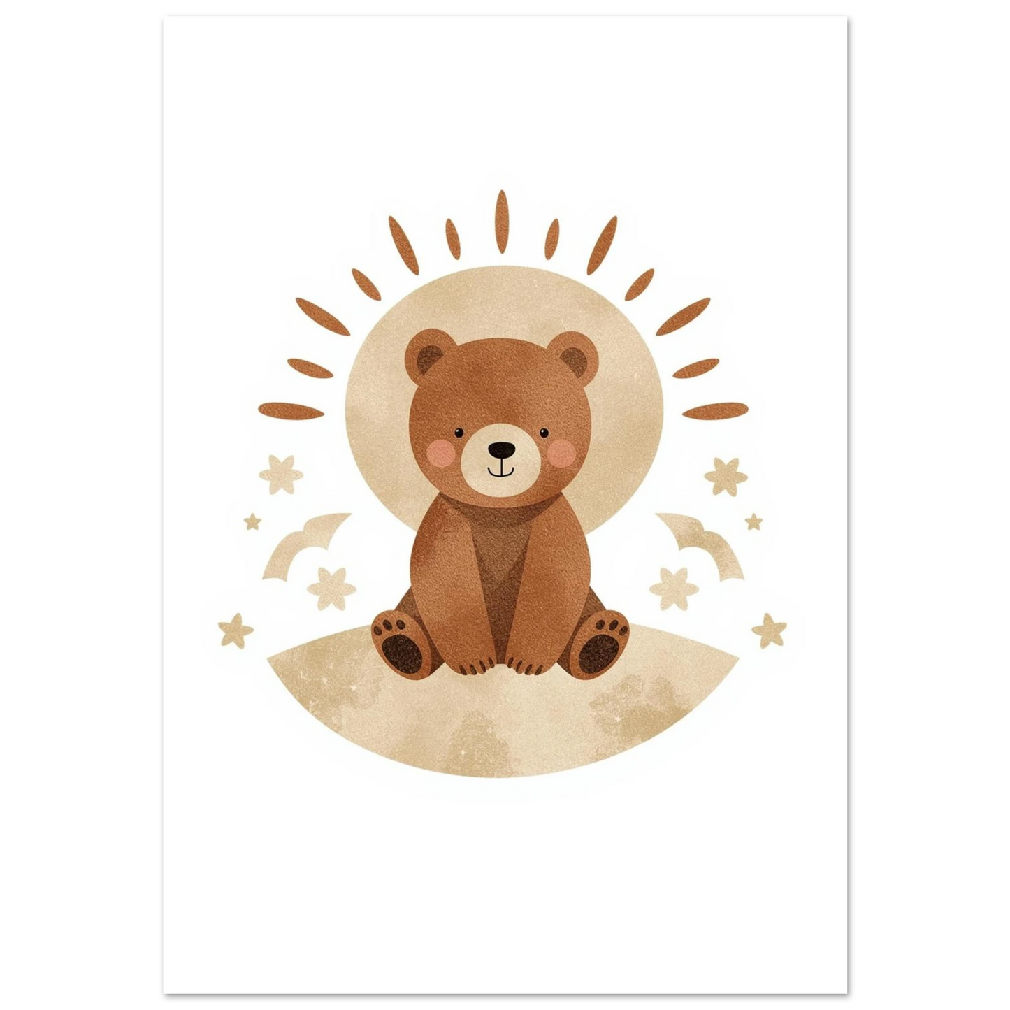 Sittande brun björnunge med runda kinder och solgloria, boho barnposter