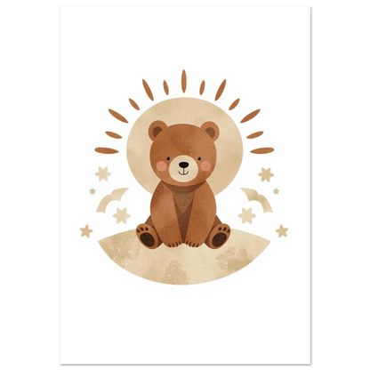 Sittande brun björnunge med runda kinder och solgloria, boho barnposter