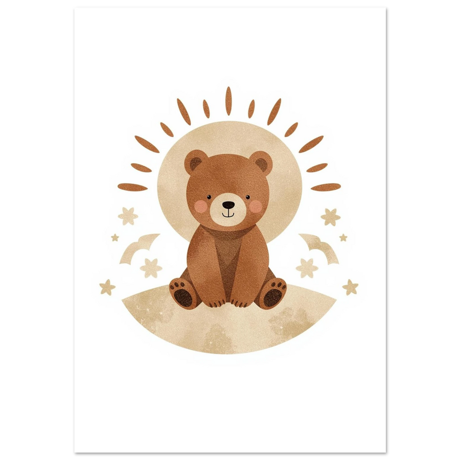 Sittande brun björnunge med runda kinder och solgloria, boho barnposter