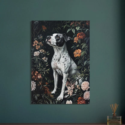 Hundporträtt omgiven av blommor i mörka, konstnärliga toner.