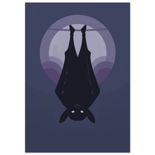 Fladdermus som hänger upp och ner mot en blek fullmåne, lila bakgrund