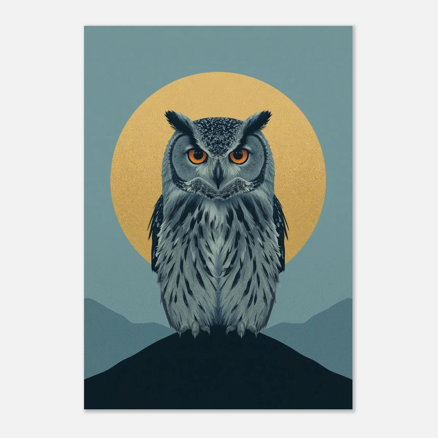 Konstnärligt uggleprint i platt design med detaljerad fjäderdräkt och stark kontrast