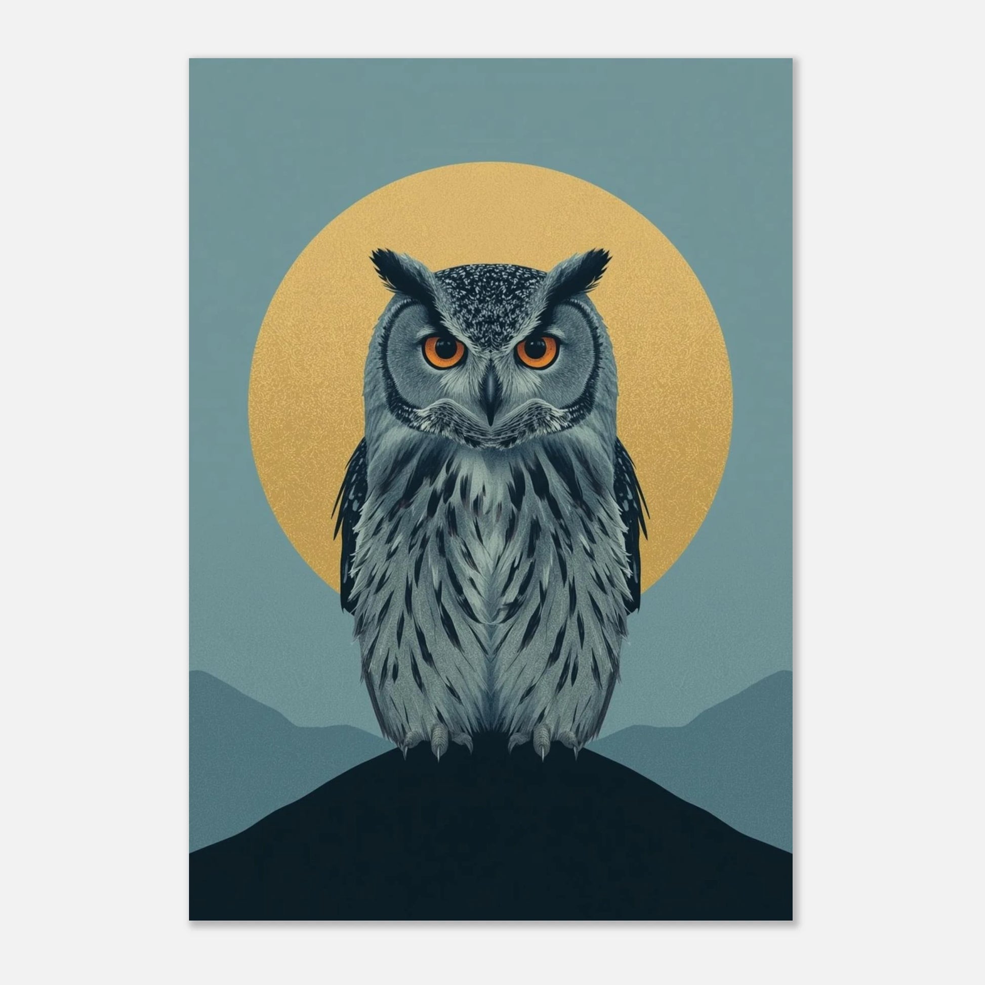 Konstnärligt uggleprint i platt design med detaljerad fjäderdräkt och stark kontrast