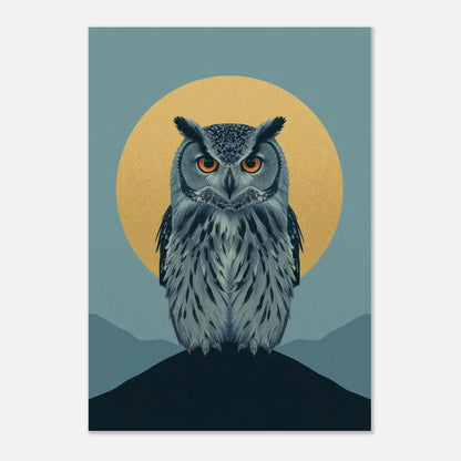 Konstnärligt uggleprint i platt design med detaljerad fjäderdräkt och stark kontrast