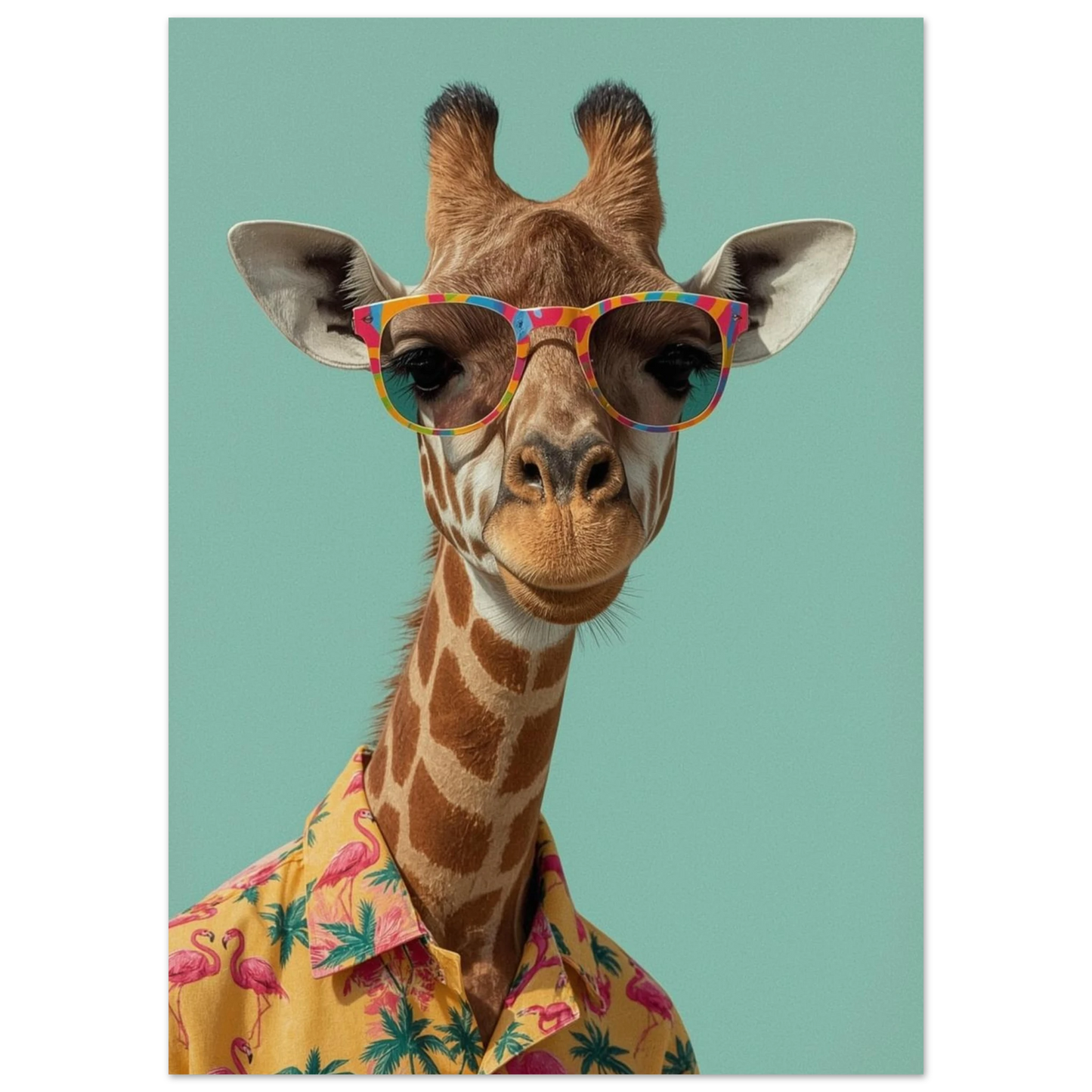 Lekfull giraffposter med gul sommarskjorta och färgglada glasögon i digital illustration