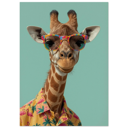Lekfull giraffposter med gul sommarskjorta och färgglada glasögon i digital illustration