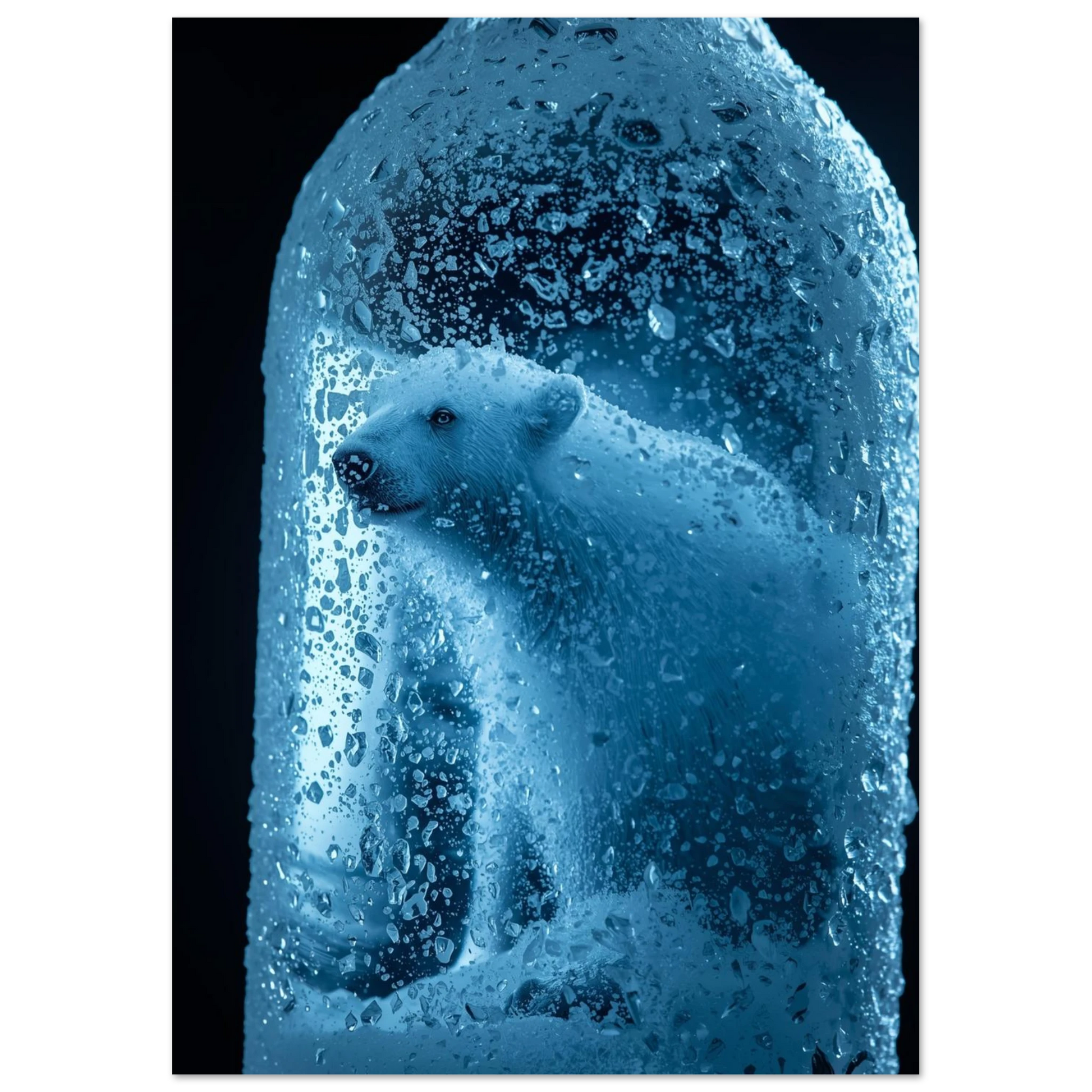 Konstnärlig isbjörnsposter med frusna vattendroppar och blått ljus, surrealistisk stil