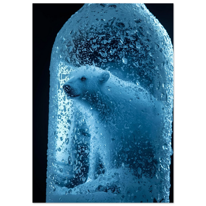 Konstnärlig isbjörnsposter med frusna vattendroppar och blått ljus, surrealistisk stil