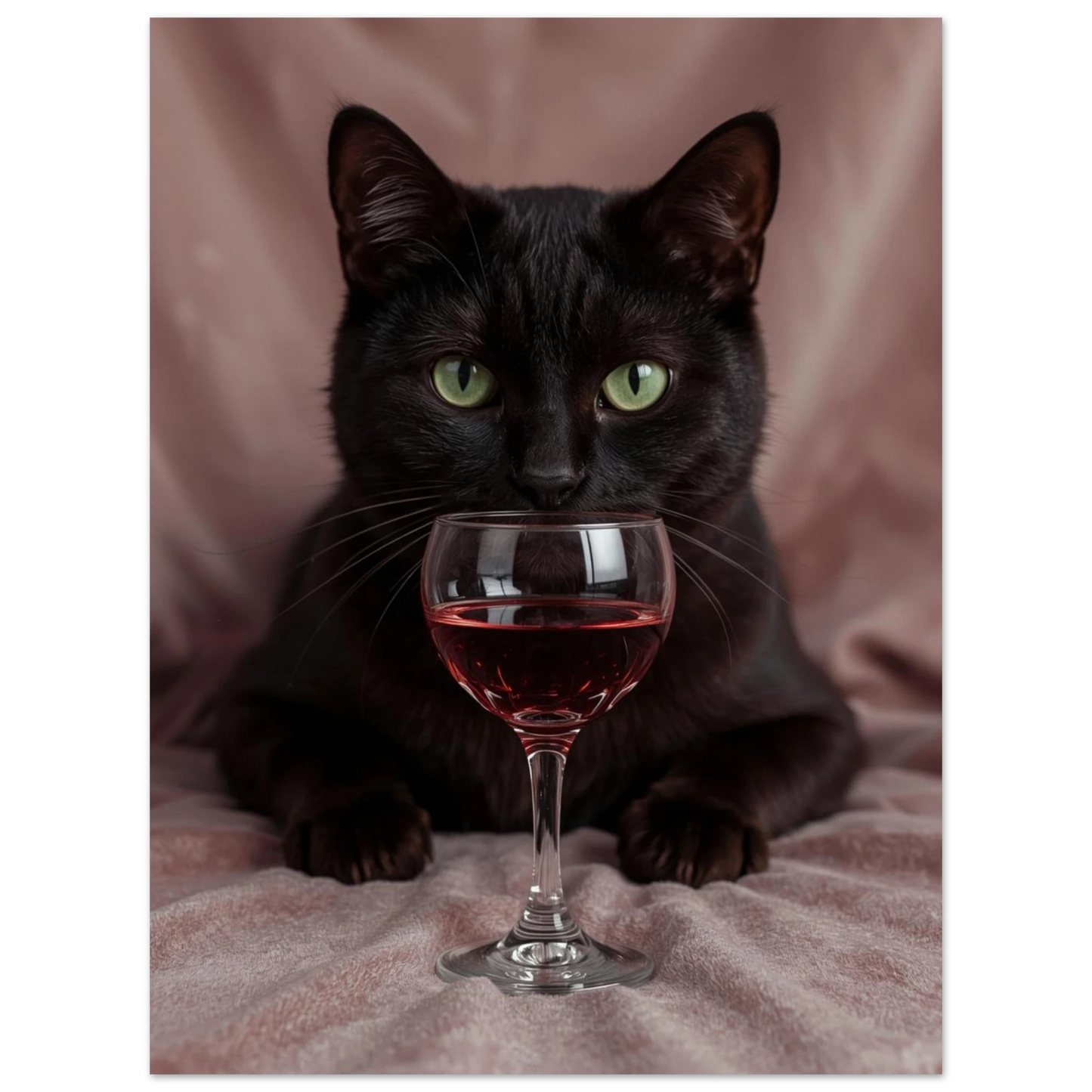 Mystisk svart katt med intensiv blick bakom ett glas vin, fotoposter