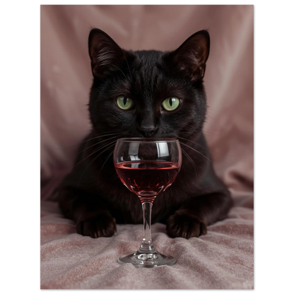 Mystisk svart katt med intensiv blick bakom ett glas vin, fotoposter