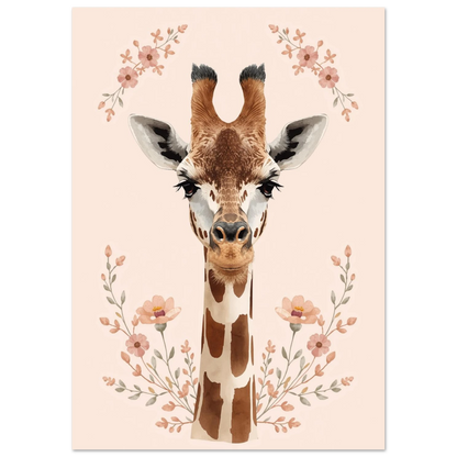 Söt giraff med stora ögon och blommor – illustration för barnrum