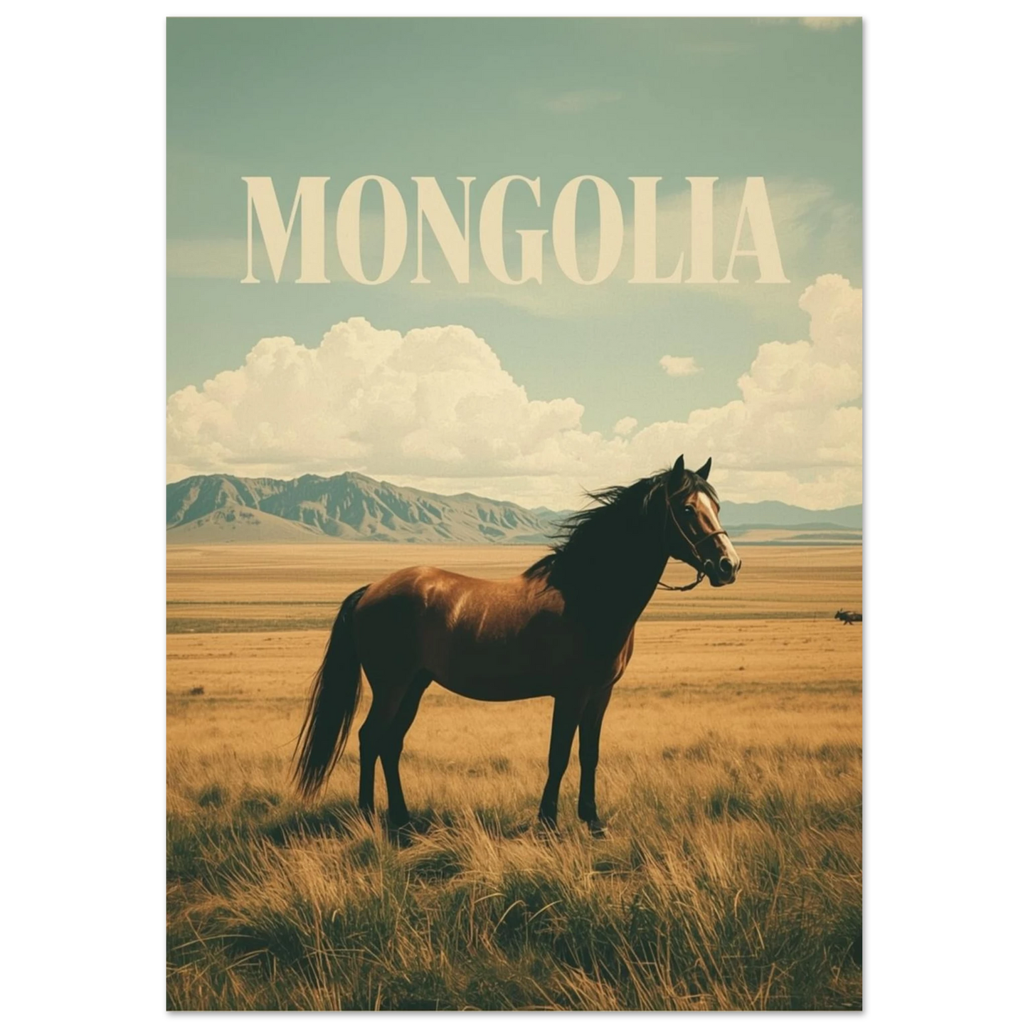 Brun häst på vidsträckt mongolisk stäpp under molnig himmel – vintageposter