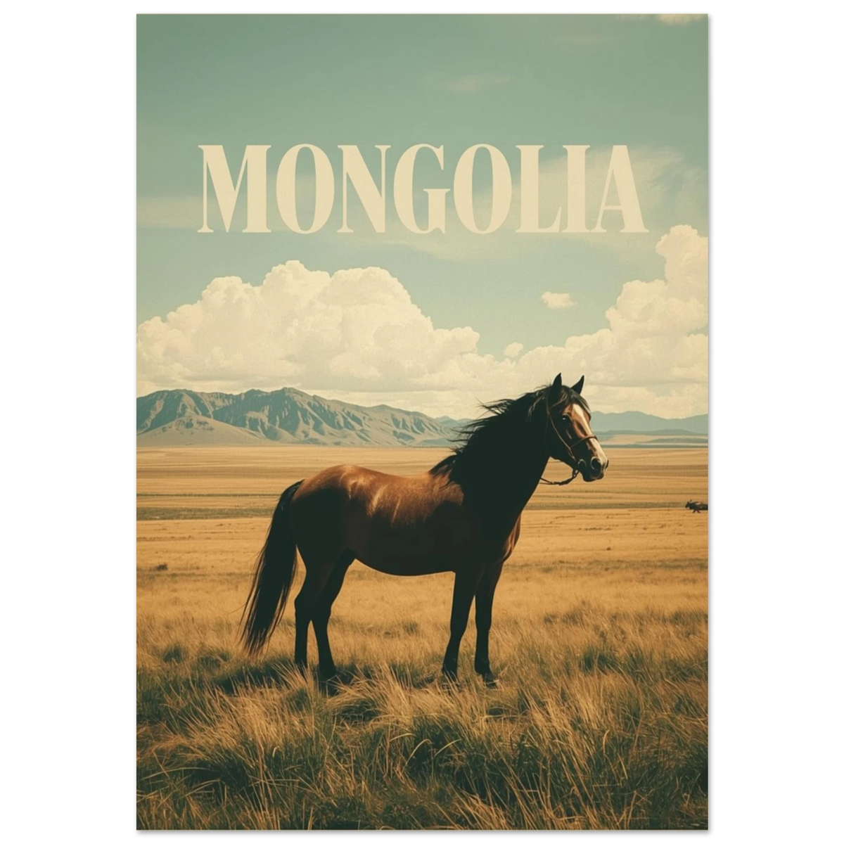 Brun häst på vidsträckt mongolisk stäpp under molnig himmel – vintageposter