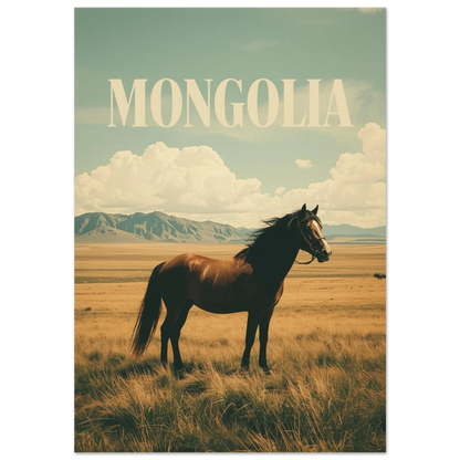 Brun häst på vidsträckt mongolisk stäpp under molnig himmel – vintageposter