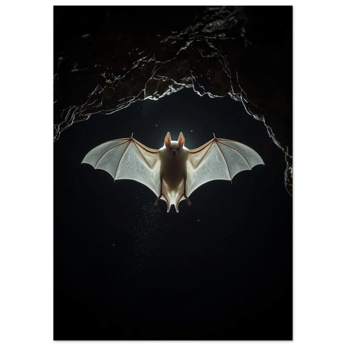 Närbild på en albino fladdermus som flyger i motljus, dramatisk naturposter