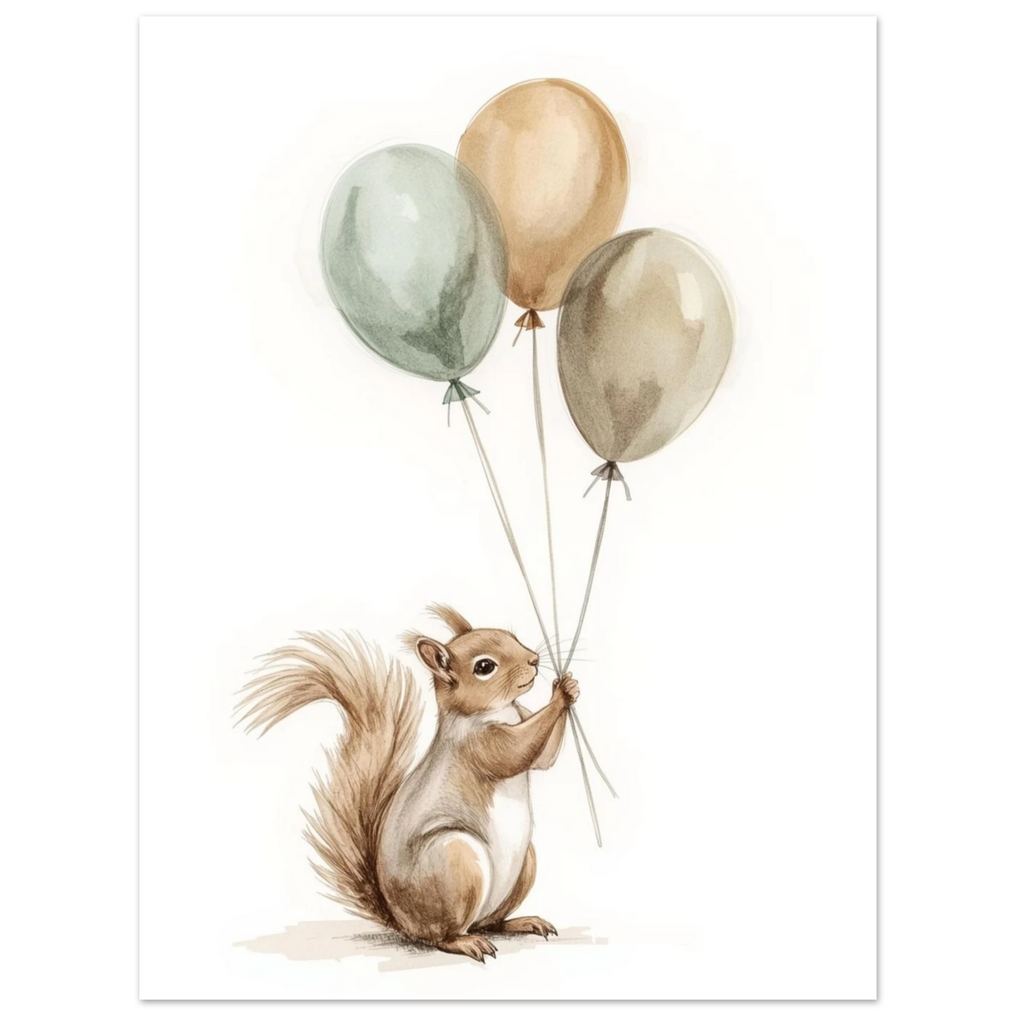 Handmålad ekorre med ballonger, minimalistisk tavla för små barn