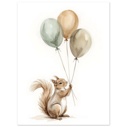 Handmålad ekorre med ballonger, minimalistisk tavla för små barn