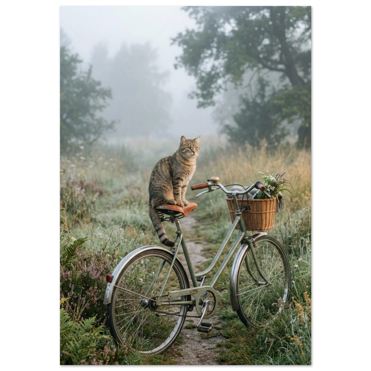 Katt på vintagecykel i daggvått sommarlandskap – stämningsfull fotoposter