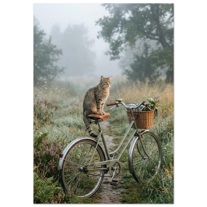 Katt på vintagecykel i daggvått sommarlandskap – stämningsfull fotoposter