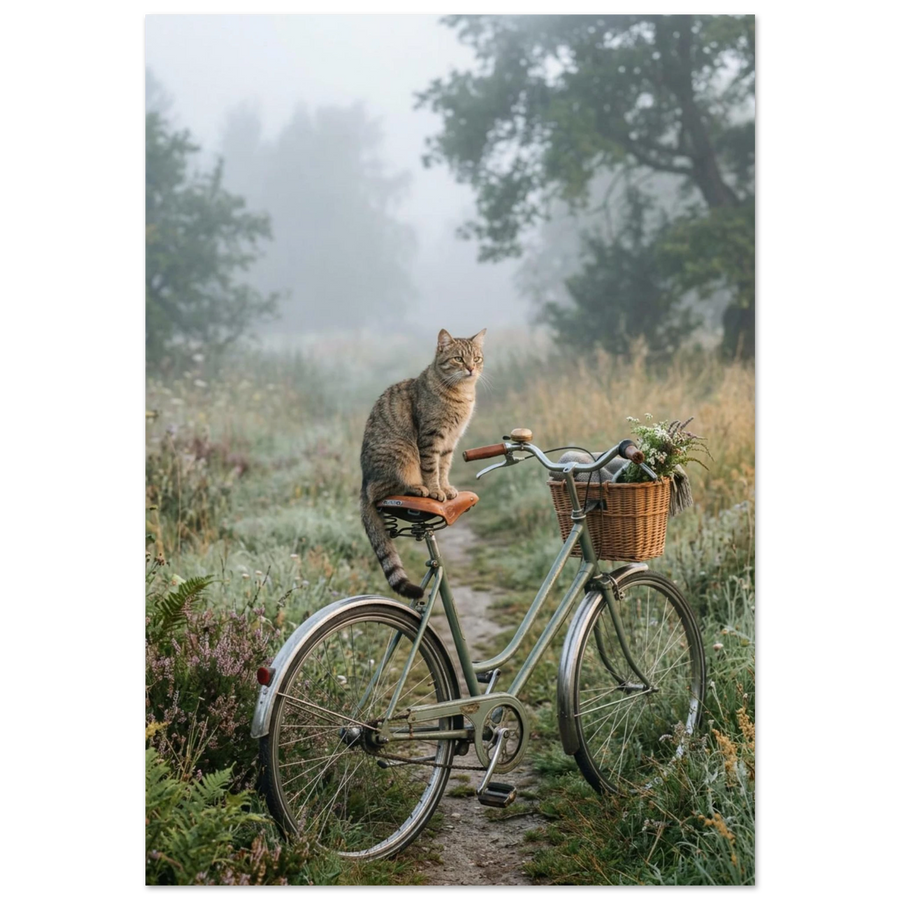 Katt på vintagecykel i daggvått sommarlandskap – stämningsfull fotoposter