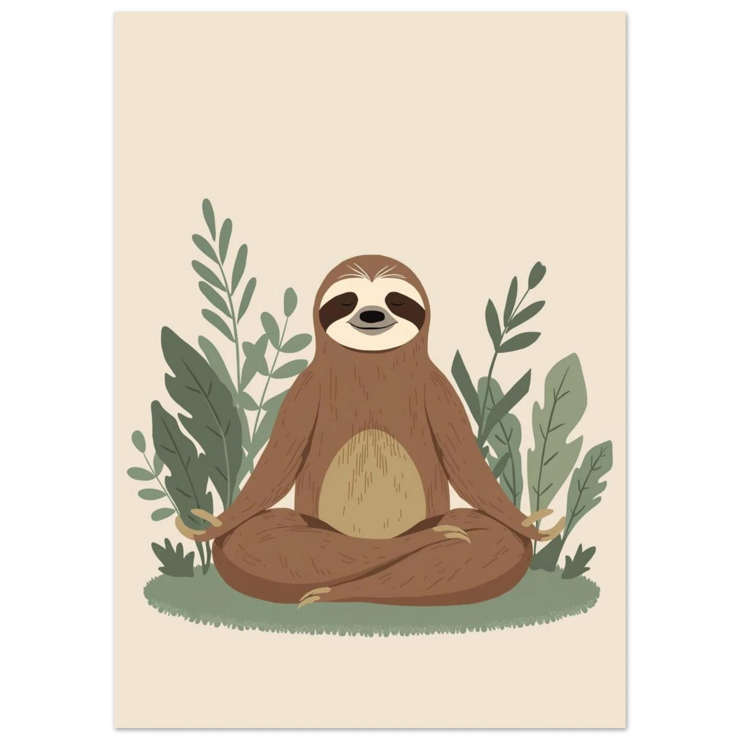 Illustration av en sittande sengångare som blundar, beige bakgrund – djurmotiv