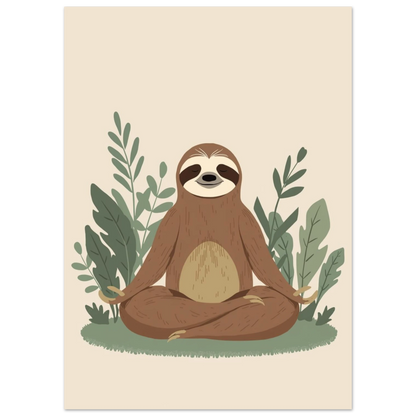Illustration av en sittande sengångare som blundar, beige bakgrund – djurmotiv