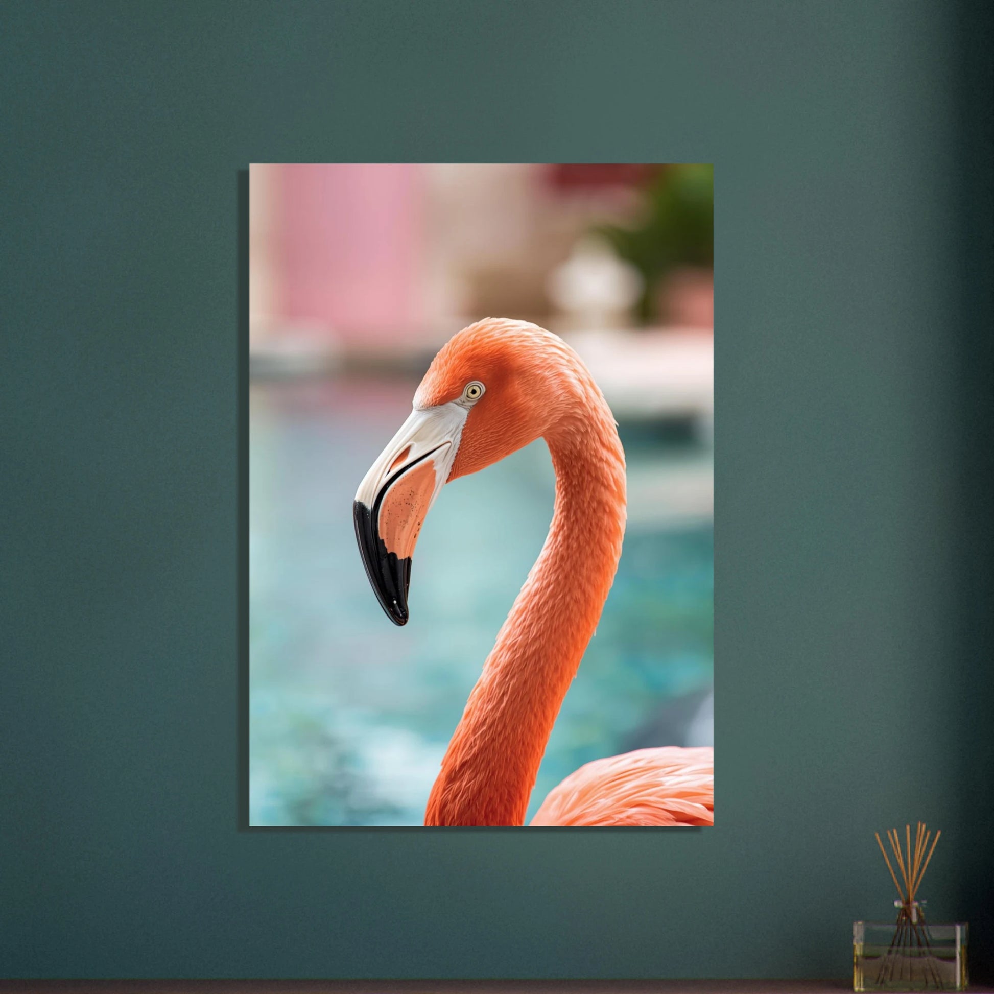 Flamingohuvud i skarp fokus, elegant och lugn stämning