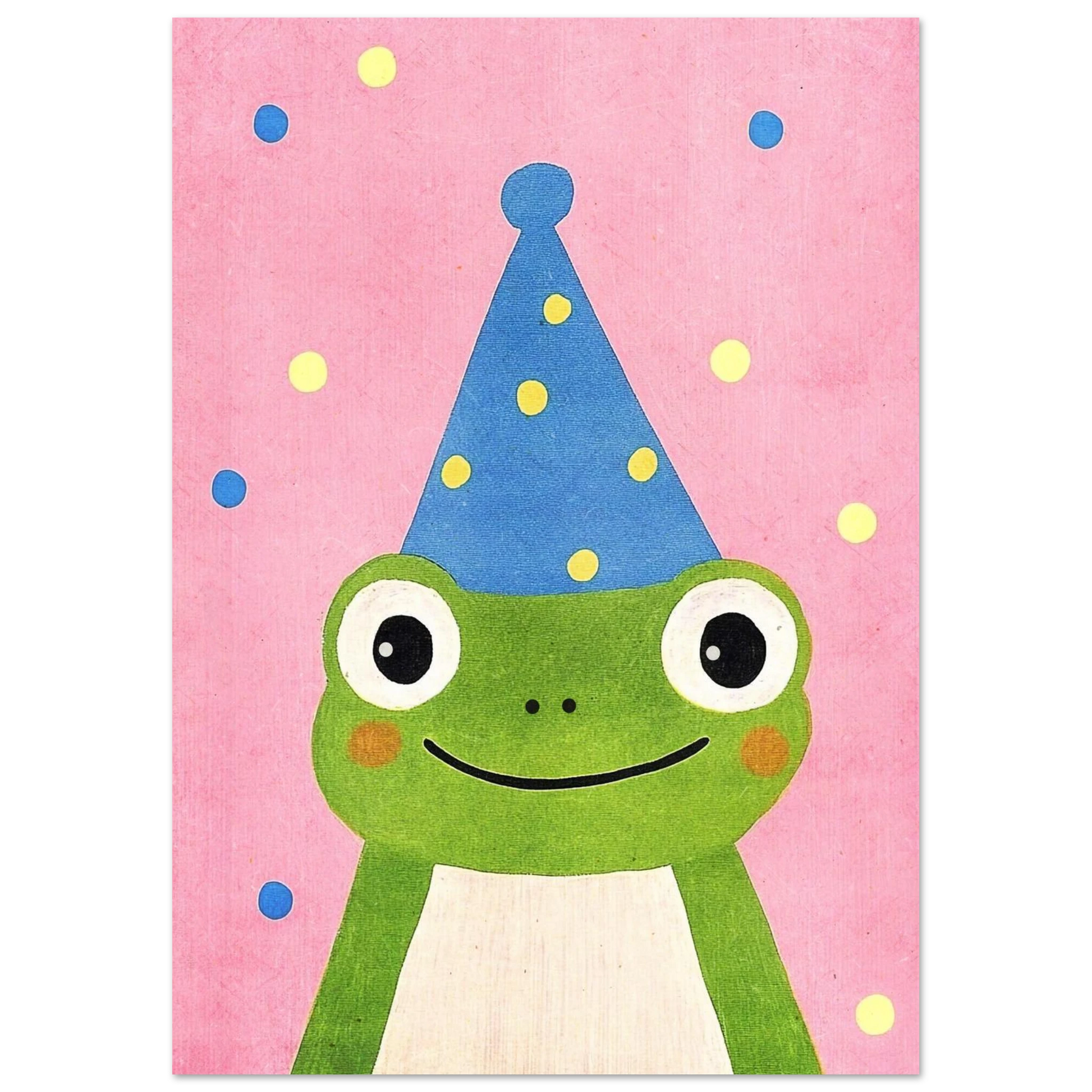 Illustration av en glad groda med stora ögon och festtema