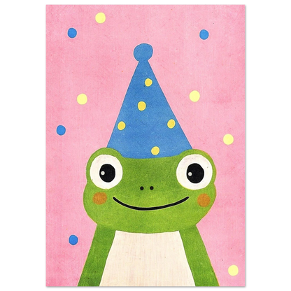 Illustration av en glad groda med stora ögon och festtema
