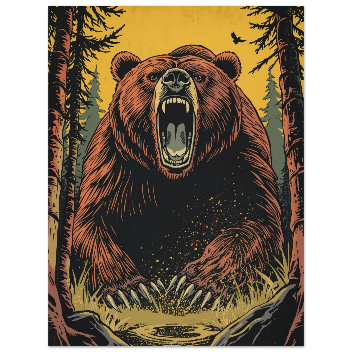 Närbild på en arg björn med vassa tänder – stiliserad naturposter i retrostil