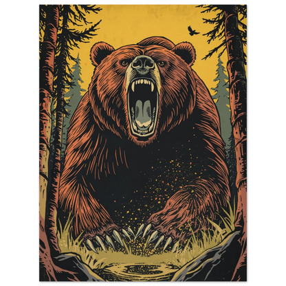 Närbild på en arg björn med vassa tänder – stiliserad naturposter i retrostil